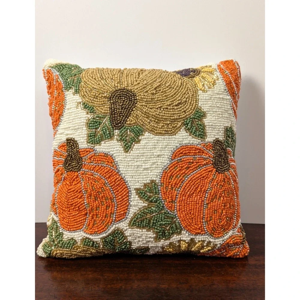 Beaded Sunflower Fall Harvest Throw Pillow White Autumn Decor 12
